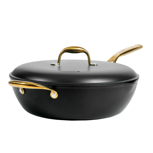 Frok 13" Frying Pan Wok Skillet 4MM Thick Quick Heat Aluminum Cookware W/ Aluminum Lid Set W/ Premium PFA Free Ceramic Nonstick Interior & Heat Resistant Exterior - Induction