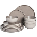 Gibson Elite Eden Rock 12-Piece (Service for 4) Plates and Bowls reactive Glaze Round Dishes Stoneware Ceramic Dinnerware Set - Matte Brown