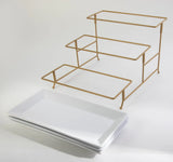 Gibson Home Gracious Dining Dinnerware, 3-Tier Rectangle Plate Serving Set with Gold Metal Stand, White