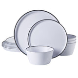 Gibson Home Folsom Shores 12 Piece Unbreakable Modern Melamine Plates and Bowls Dinnerware Set - Outdoor, Camping, & Everyday Use - White W/ Black Rim