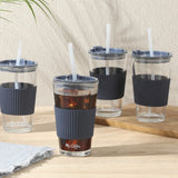 Mr. Coffee Sip Savvy 4-Pack 15oz Glass Tumblers with Lids and Straws – Reusable Iced Coffee Cups – Dishwasher Safe – To-Go Drinkware Water Glasses