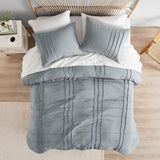 Grid Textured Soft Washed Pleated Comforter Set, Blue/Grey