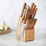 Martha Stewart 15 Piece Austenwood German Stainless Steel Cutlery Kitchen Knife Block Set W/ Italian Olive Wood Forged Handle & Wood Block