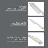 Sur La Table Kitchen Essentials Tasting Kitchen German Steel Santoku Knife, 7-Inch Stainless Steel Blade – Professional Kitchen Knife with White Handle and Forged Full Tang