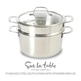 Sur La Table Kitchen Essentials Chef's Deck 3-Piece 5.3-Quart Stainless Steel Dutch Oven with Steamer Insert & Glass Lid – Induction Ready, Tri-Ply Base, Polished Finish & Hollow Stay-Cool Handles