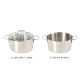 Sur La Table Kitchen Essentials Chef's Deck 3-Piece 5.3-Quart Stainless Steel Dutch Oven with Steamer Insert & Glass Lid – Induction Ready, Tri-Ply Base, Polished Finish & Hollow Stay-Cool Handles