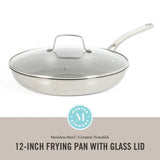 Martha Stewart Badgley Hybrid Nonstick 12 Inch TriPly Stainless Steel Large Fry Pan With Lid & Stay Cool Handle - Laser Etched Non-Toxic Nonstick Skillet - Dishwasher and Induction Safe