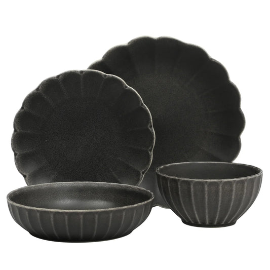 Gibson Elite Malibu Shore 16 Piece Scallop Stoneware Reactive Glaze (Service for 4) Ceramic Plates and Bowls Dinnerware Set