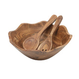 Gibson Home Sandhurst 3-Piece Acacia Wood Salad Bowl Set – 12-Inch Scalloped Serving Bowl with Wooden Salad Servers – Natural Rustic Finish for Dining, Entertaining, or Gifting