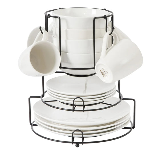 Gibson Home 17-Piece Porcelain Plates and Bowls Set W/Metal Rack - Plates, Bowls & Mugs Dinnerware Set for 4 - White