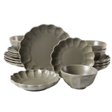 Bloomhouse Plates and Bowls Set, 16 Piece Stoneware Dinnerware for 4, Scallop Embossed, Oprah's Favorite Things, Dishwasher & Microwave Safe, Black