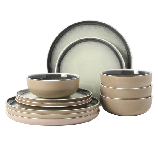 Gibson Elite Island Bay 12-Piece New Bone China Dinnerware Set Service for 4, Reactive Glaze Plates and Bowls, Dishwasher Safe