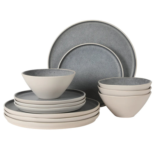 Gibson Elite Coastal Forest Plates and Bowls Sets, 12-Piece Stoneware Dinnerware Sets, Triple Reactive Glaze Dish Set - Grey and Cream White