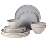 Gibson Elite Coastal Forest Plates and Bowls Sets, 12-Piece Stoneware Dinnerware Sets, Triple Reactive Glaze Dish Set - Grey and Cream White