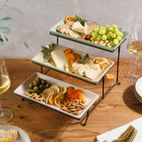 Gibson Elite 3 Tier Serving Platter Set, Stoneware Tiered Serving Tray for Party with Metal Rack, Reactive Glaze, Rectangular, Multi-Color