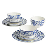 Sur La Table Plates and Bowls Set, 12 Piece New Bone China Dinnerware Set for 4, Mediterranean Blue Pattern, Dishwasher & Microwave Safe