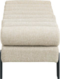 Akeela Stylish Upholstered Fabric Bench with Rolled Cushion Top and Modern Black Metal Legs