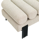 Akeela Stylish Upholstered Fabric Bench with Rolled Cushion Top and Modern Black Metal Legs