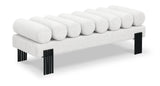 Akeela Stylish Upholstered Fabric Bench with Rolled Cushion Top and Modern Black Metal Legs