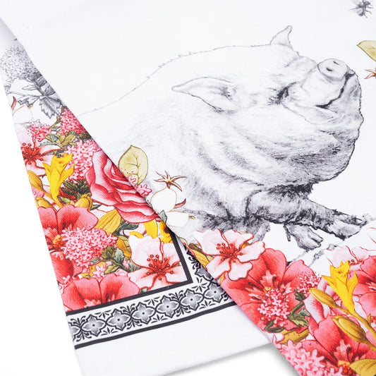 Emily Pig Floral Bouquet Cotton Tea Towel
