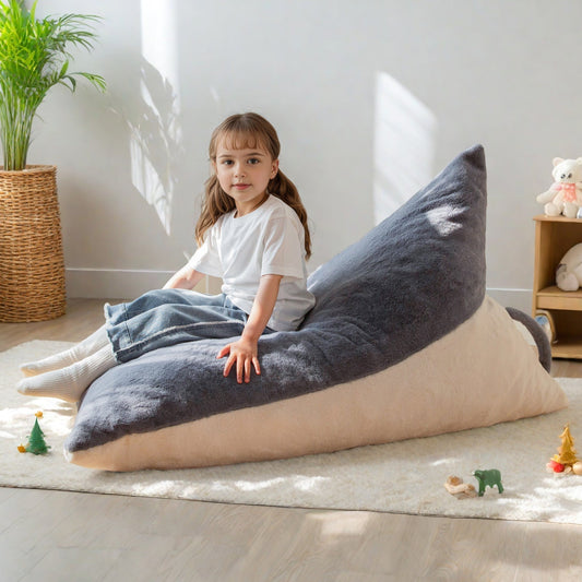 MAXYOYO Kids Bean Bag Chair - 2-Tone Handle Design, High-Density Foam Floor Lounger, Grey & White