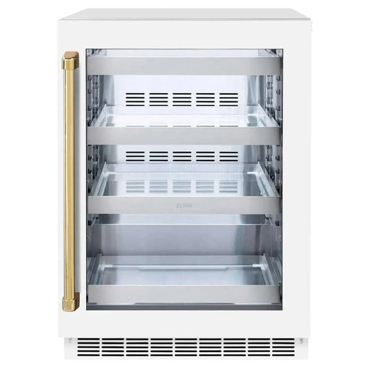 ZLINE 24" Touchstone 151 Can Beverage Fridge White Matte Glass Door Polished Gold Handle RBSOZ-WM-24-G
