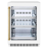 ZLINE 24" Touchstone 151 Can Beverage Fridge White Matte Glass Door Polished Gold Handle RBSOZ-WM-24-G