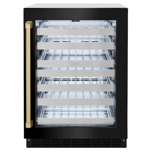ZLINE 24" Touchstone Dual Zone 44 Bottle Wine Cooler Black Stainless Steel Glass Door Champagne Bronze Handle RWDOZ-BS-24-CB