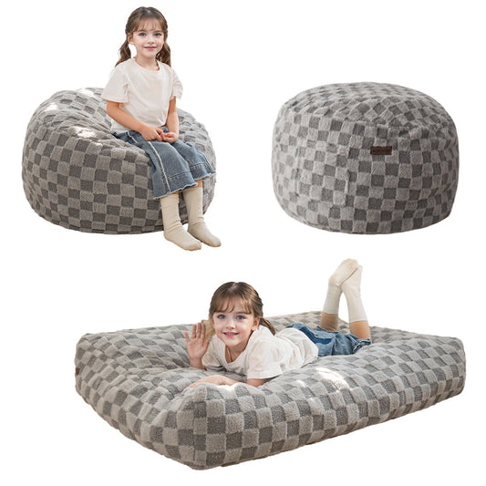 MAXYOYO Kids Bean Bag Bed - Bean Bag Chair to Bed with Jacquard Shaggy Plush Removable Cover, Plaid Grey