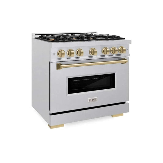 ZLINE 36" Dual Fuel Range, Gas Cooktop, Electric Convection Oven DuraSnow® Stainless Steel, Champagne Bronze CDRSZ-36-CB