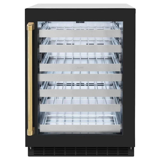ZLINE 24" Touchstone Dual Zone 44 Bottle Wine Cooler Black Matte Glass Door Polished Gold Handle RWDOZ-BLM-24-G