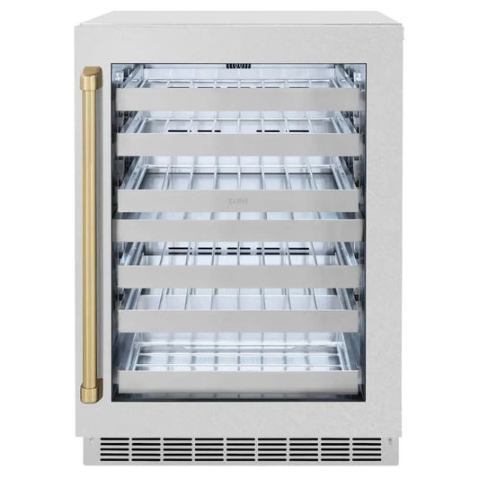 ZLINE 24" Touchstone Dual Zone 44 Bottle Wine Cooler DuraSnow® Stainless Steel Glass Door Champagne Bronze Handle RWDOZ-SN-24-CB