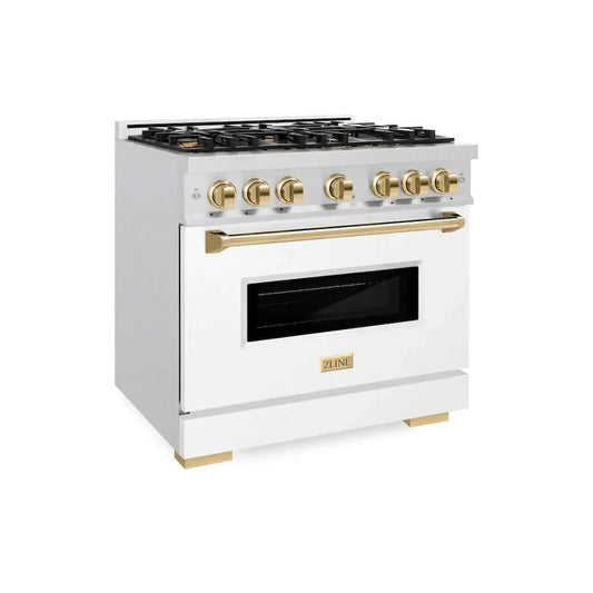 ZLINE 36" Dual Fuel Range, Gas Cooktop, Electric Convection Oven DuraSnow® Stainless Steel, White Matte Door Polished Gold CDRSZ-WM-36-G