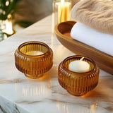 Fluted Amber Glass Candle Holders Set of 4