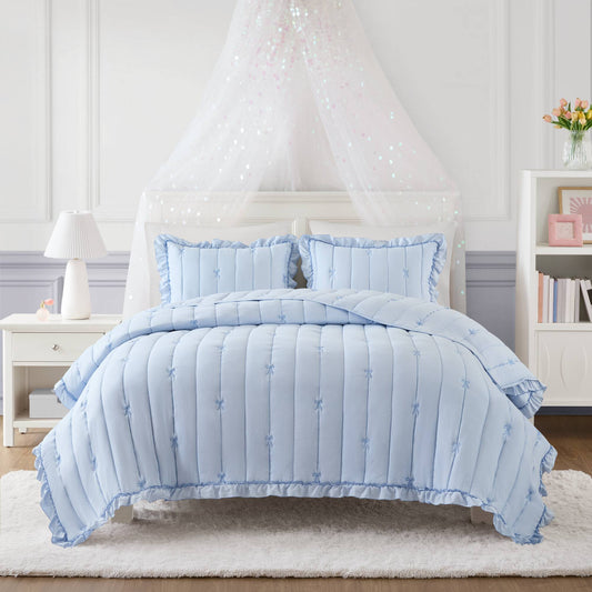 Soft Bow Embroidered Quilt Mini Set, Blue