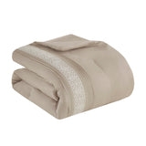 7 Piece Lace Trim Pintucked Farmhouse Comforter Set, Taupe