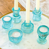 Vintage Blue Ribbed Glass Candle Holders Set of 6