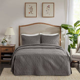 3 Piece Split Corner Pleated Quilted Bedspread, Dark Grey