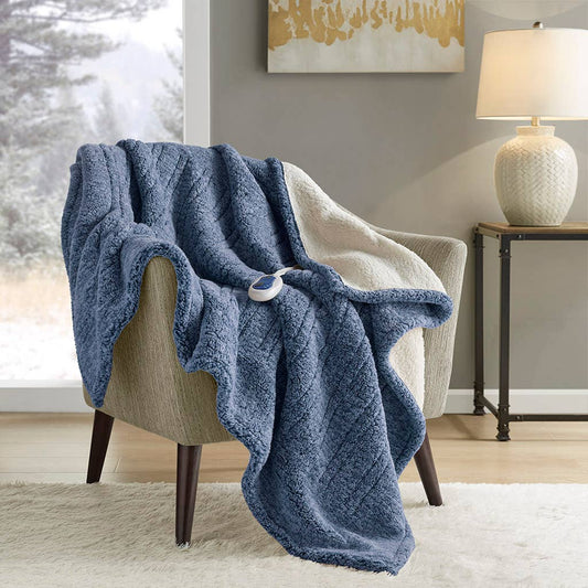 Marbled Sherpa Heated Throw, Blue