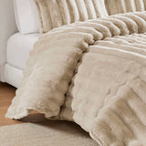 3 Piece Ultra Soft Faux Fur Ribbed Comforter Set, Taupe