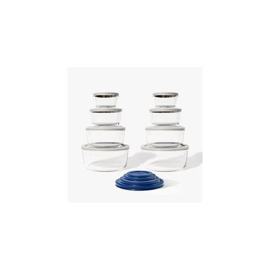 16 Piece Set Round Nesting Glass Storage Containers With Lids, White