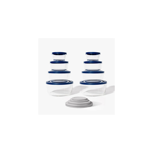 16 Piece Set Round Nesting Glass Storage Containers With Lids, Blue