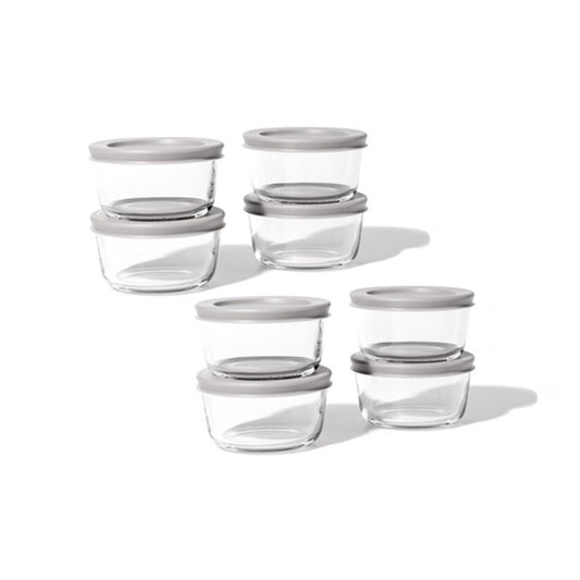 16 Piece Set (1 Cup / 8Oz) Round Glass Storage Containers With Lids, Grey