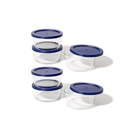 12 Piece Set (4 Cup / 32Oz) Round Glass Storage Containers With Lids, Blue