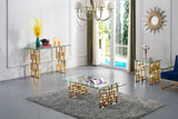 Pierre Contemporary Coffee Table with Gold Stainless Steel Base and Thick Glass Top for Glam Style