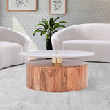 Stonewood Acacia Wood Mid Century Coffee Table with Genuine Marble Top and Brass Finish Charm