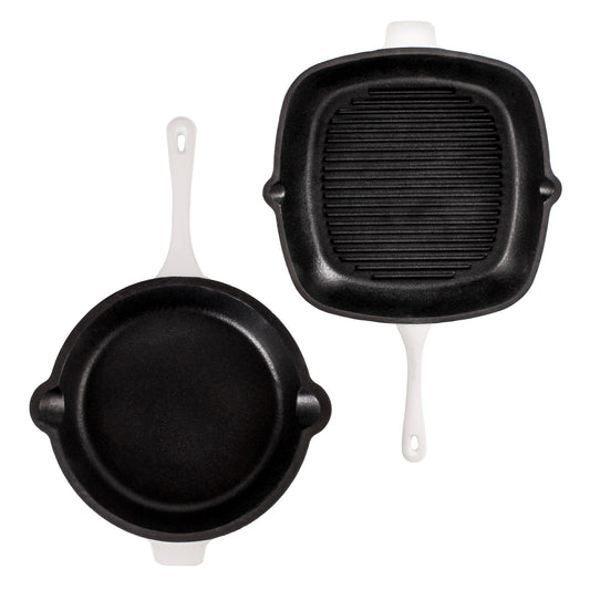 BergHOFF Neo 2pc Cast Iron 10" Fry Pan & 11" Grill Pan Cookware Set, White