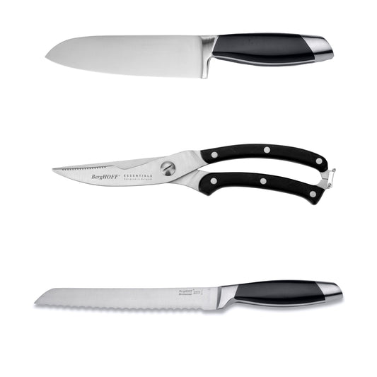 BergHOFF Moon 3-Pc Stainless Steel Cutlery Set Chef's Knife Serrated Bread Knife Poultry Shear PP Handle
