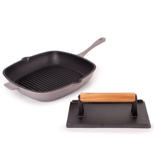 BergHOFF Neo 2pc Cast Iron 11" Grill Pan with Steak Press, Oyster