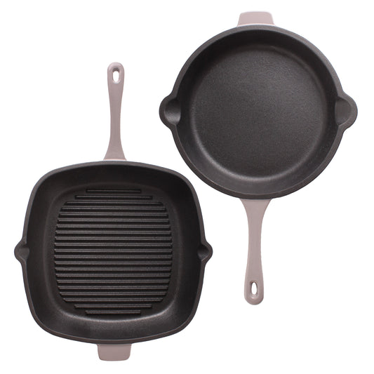 BergHOFF Neo 2pc Cast Iron 10" Fry Pan & 11" Grill Pan Cookware Set, Oyster